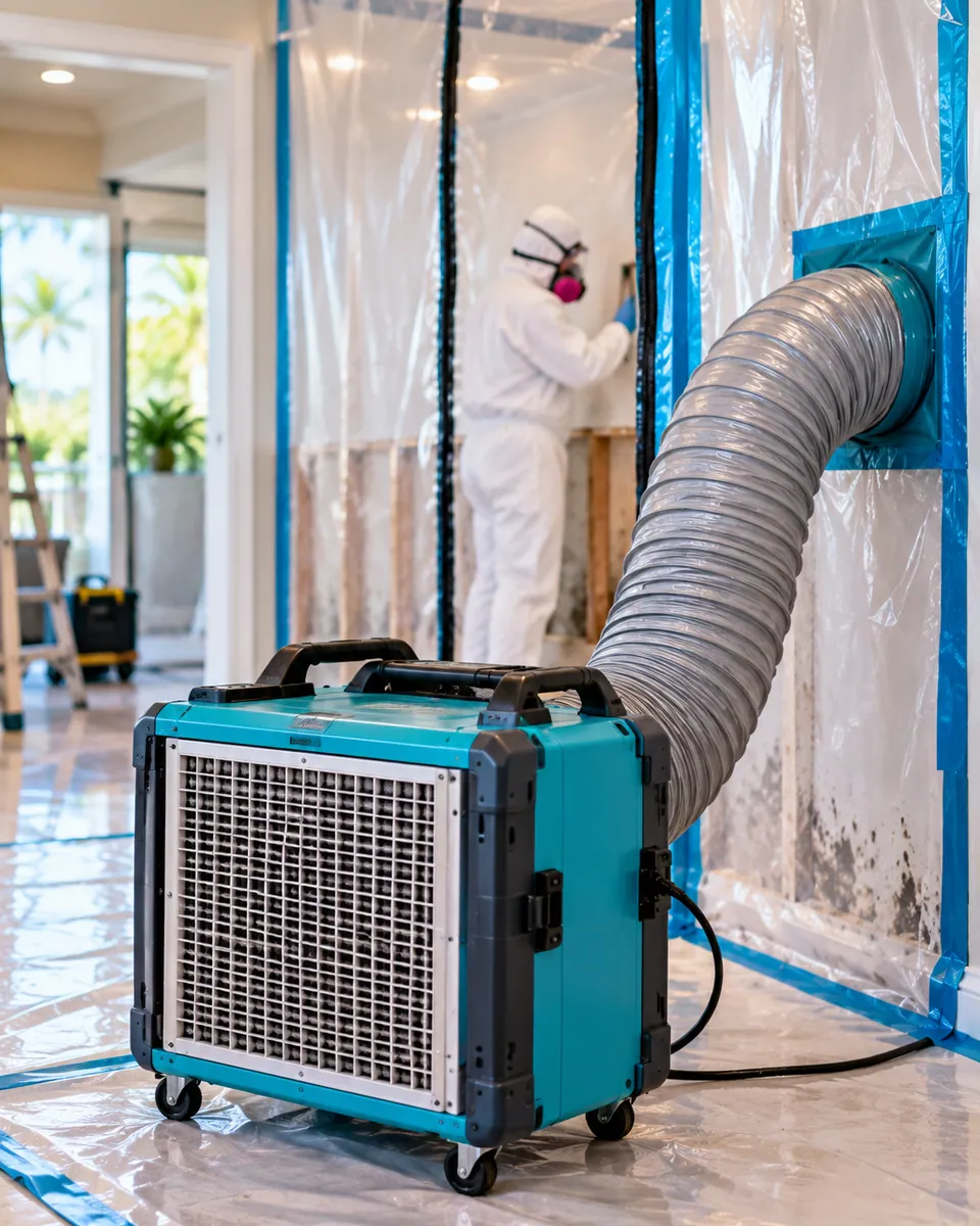 HEPA air scrubber and poly containment set up for mold remediation in Palm Beach Shores