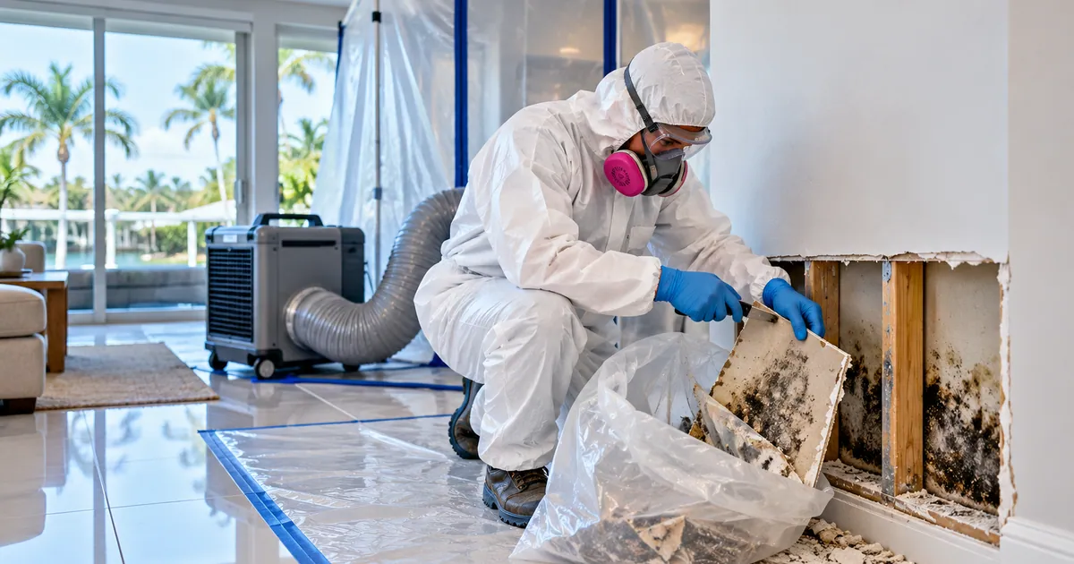 Storefront-Safe Mold Removal in Palm Beach Shores, FL — technician removing mold under containment